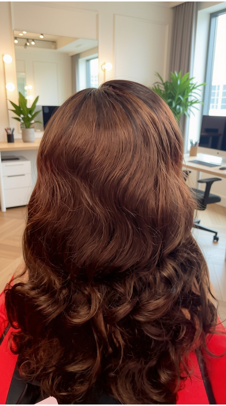 KÉLYORA  Perruque longue bouclée – Brun chocolat