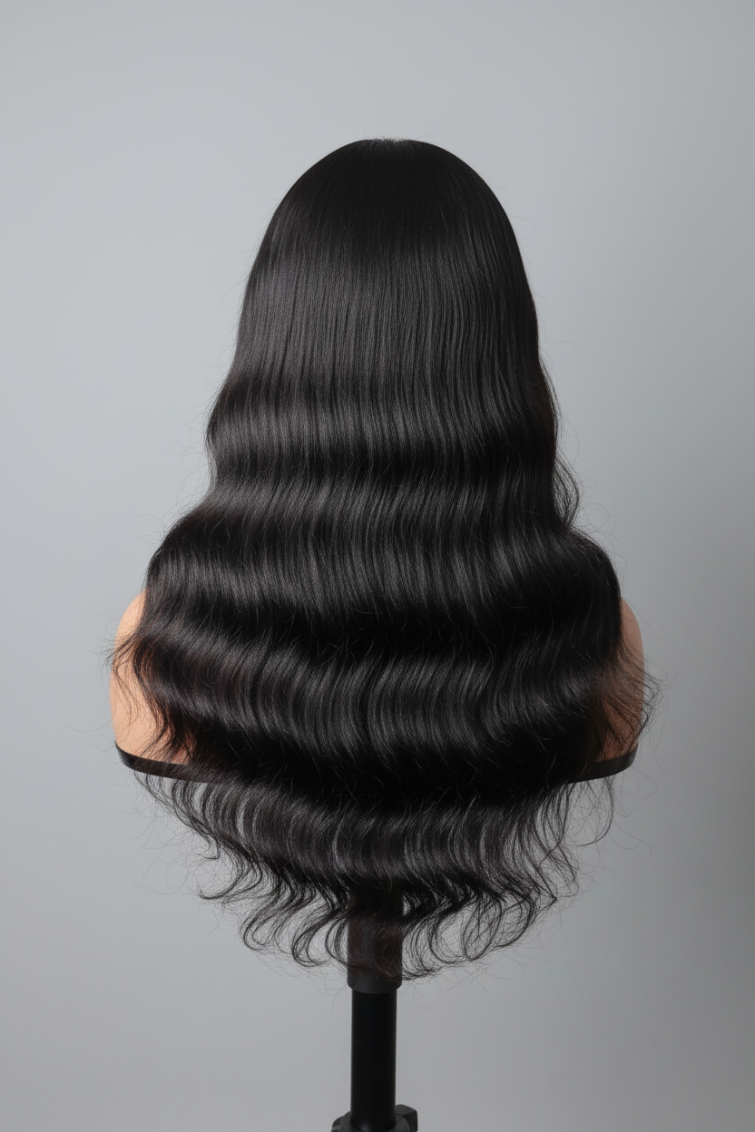 Perruque body wave noire lace front 13x4 cheveux naturels vue de face
